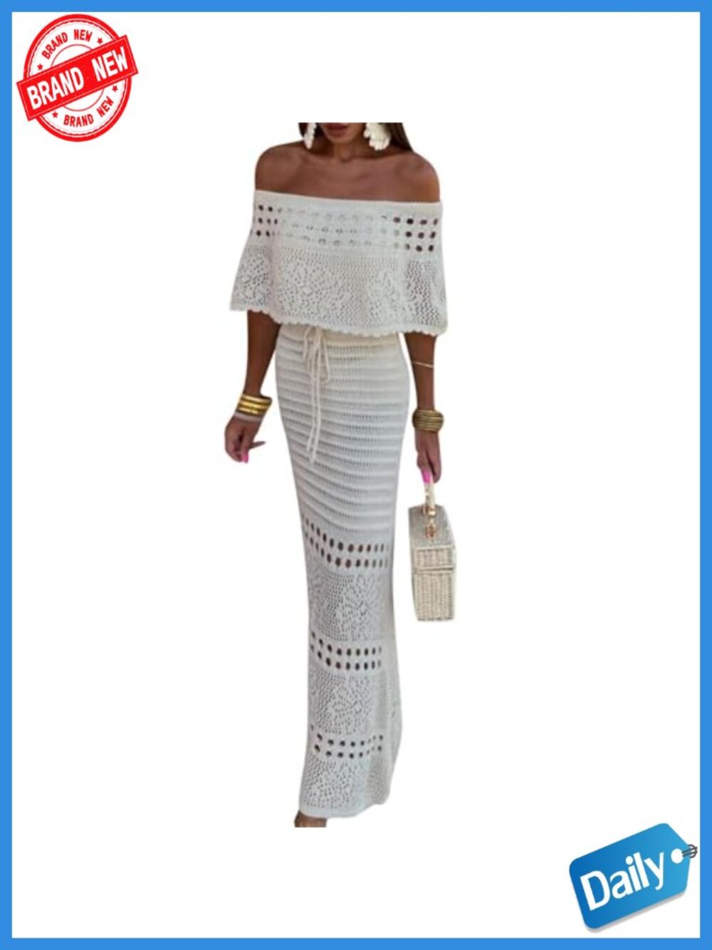 Off Shoulder Knit Maxi Dress Hollow Out Crochet Summer Beach